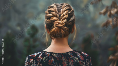 Elegant woman from behind, showing off stylish braided hairstyle. Her hair is carefully braided in a complex pattern, which adds elegance and class to the whole look.