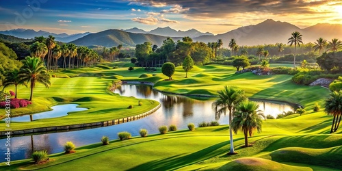 Luxurious golf course with manicured fairways and pristine greens, luxury, country club, golf course, manicured, fairways, pristine, greens, exclusive, high-end, elegant, upscale, leisure