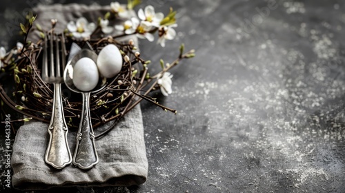  A nest of eggs atop a table, accompanied by two forks and a napkin The napkin features a replica bird's nest, while the tablecloth boasts white