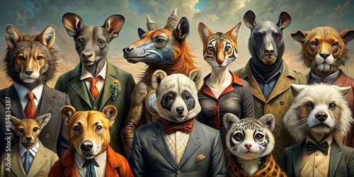 Anthropomorphic animals posing together in a group portrait, anthropomorphic, animals, group, portrait, character, cute, cartoon,wildlife, diversity, unity, team, furry, fantasy, whimsical