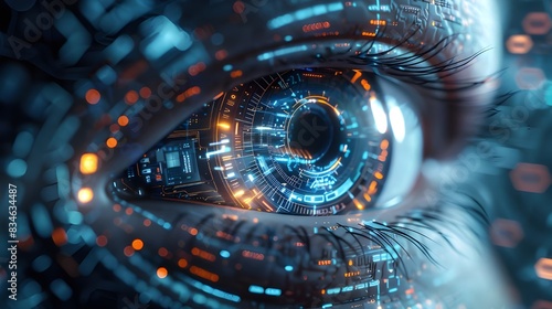 Futuristic eye scanning optical vision. Biometric cyberspace identification security. 3d augmented contact lens with hologram microchip. AI digital Innovation, cognitive science, technology background