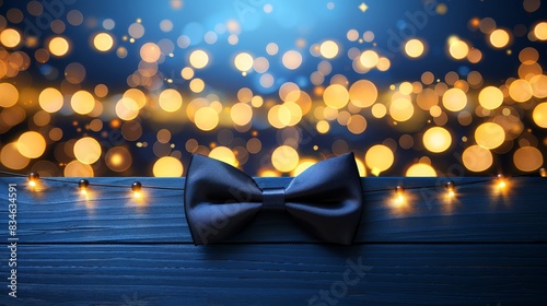  A bow tie against a wooden surface, background softly blurred with lights, foreground Dark blue wood floor beneath