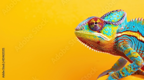 multi-colored chameleon on a yellow background with copy space