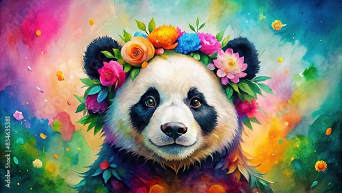 Colorful watercolor panda with flowers crown on vibrant backdrop, panda, watercolor, cartoon, flowers, crown, wildlife, animal, colorful, beautiful, Japanese, poster, hand drawn, artwork