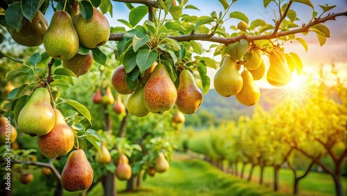 A peaceful summer scene of ripe pears hanging from branches in a bountiful garden , Harvesting, picking, pears, trees, summer, garden, agriculture, orchard, fresh, fruit, harvest, organic