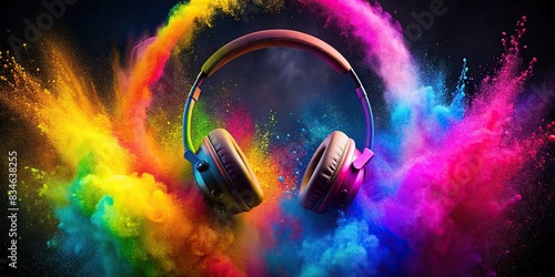 Vibrant colored powder splashed on stylish headphones for music festival concept, headphones, music, festival, color powder, creative, generative AI, technology, entertainment, vibrant