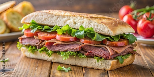 Meat sandwich pastrami roast beef vegetables sauce cheese delicious toasted bread