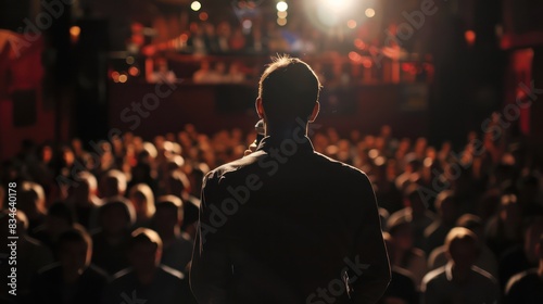 View from behind of a man performing on stage with a large audience, singer and stand up theme.