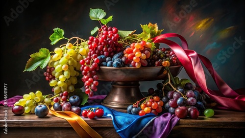 Colorful still life with grapes, berries, and ribbons of cloth on a black background, grapes, berries, ribbons, cloth, colorful, still life, vibrant, black background, red, yellow, green, blue