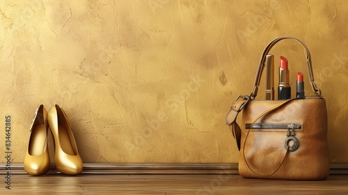  A pair of gold shoes and a brown purse on a wooden floor, adjacent to another pair of gold shoes Behind them, a yellow wall