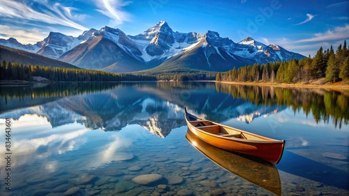 Tranquil canoe on calm lake with snow-capped mountains in background , peaceful, canoe, lake, snow-capped mountains, serene, tranquil, water, reflection, azure sky, wilderness, outdoors
