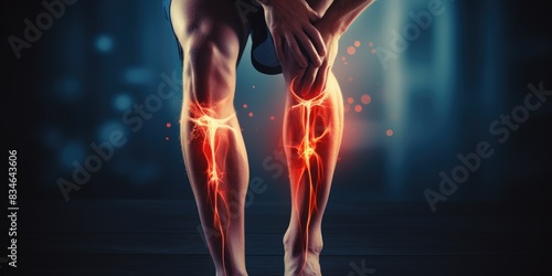 suffering from pain in knee, Injury from workout and osteoarthritis, Tendon problems and Joint inflammation on a dark background 