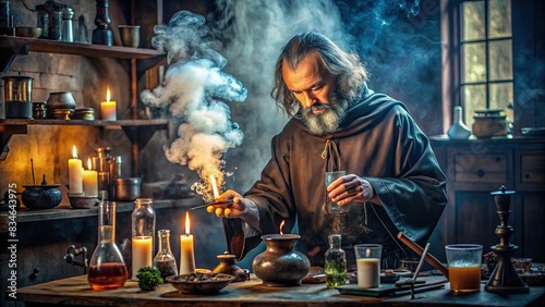 Medieval alchemist performing magic ritual at table in smoke-filled laboratory , halloween, medieval, alchemy, magic, ritual, table, laboratory, smoke, spooky, mystical, potion, cauldron