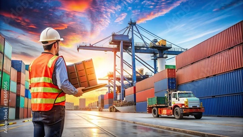 Foreman supervising loading of containers on cargo freight ship for import and export logistics , logistics, shipping, cargo, containers, freight, import, export, industrial, foreman