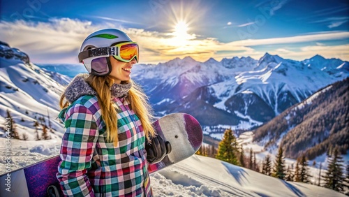 Snowboarder woman in a snowy mountain landscape at a ski resort, snowboard, woman, mountains, winter, snow, adventure, extreme sports, cold, sportswoman, athlete, recreation, outdoors