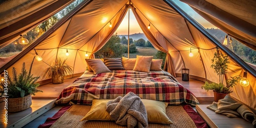 Cozy tent with pillows and blanket on bed , cozy, tent, pillows, blanket, room, interior, relaxation, comfort, sleepover, hideaway, peaceful, retreat, peaceful, calming, retreat, solitude