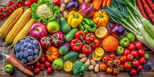 Close-up image of various colorful fruits and vegetables arranged neatly on a wooden table, fresh, healthy, organic, farm-to-table, nutrition, vibrant, produce, natural, assortment, food