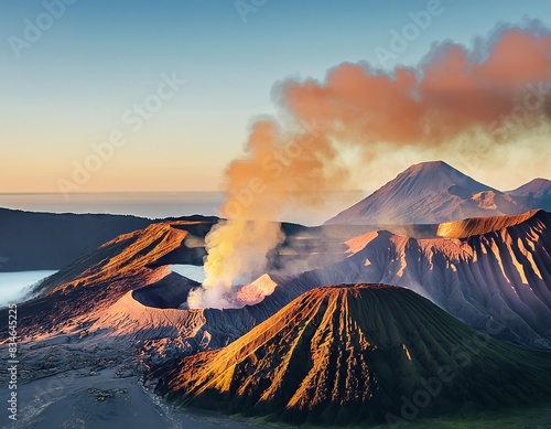 Volcanic eruption at sunrise. Bromo volcano, Java island, Indonesia