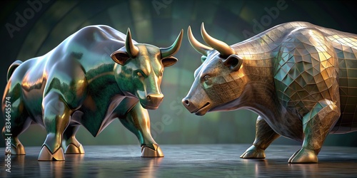 Bull and bear statues representing the concept of stock market exchange, with a generative twist, stock market, exchange, bull, bear, statues, concept, market, finance, investment, trading