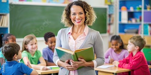 Elementary school teacher holding a book and smiling , educator, classroom, happy, learning, teaching, literacy, education, textbook, knowledge, elementary school, teacher, books