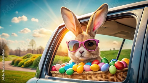 Cute Easter Bunny with sunglasses in car filled with eggs, Easter bunny, sunglasses, car, eggs, cute, adorable, holiday, celebration, festive, decorations, spring, vibrant, colorful, whimsical