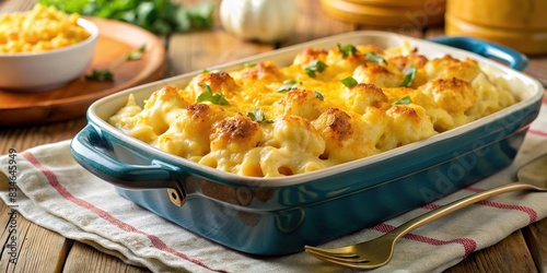 Cheesy macaroni and cheese cauliflower casserole in a yellow handled dish , comfort food, homemade, baked, creamy, delicious, cheesy, golden brown, vegetarian, cauliflower, pasta