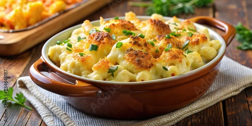 Cheesy macaroni and cheese cauliflower casserole in a yellow handled dish , comfort food, homemade, baked, creamy, delicious, cheesy, golden brown, vegetarian, cauliflower, pasta