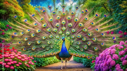 A vibrant painting of a proud peacock displaying its feathers in a garden setting, peacock, feathers, garden, colorful, bird, wildlife, proud, nature, vibrant, lush, greenery, ornate