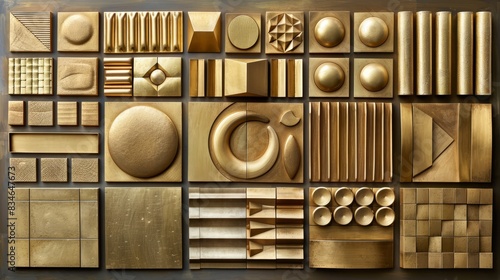  A variety of gold metal plates and pans against a gray backdrop, with some featuring black backgrounds and others having golden plates bordered in white