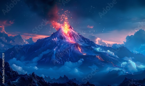 Illustration Background Peak of Eternity Watching a Volcano Emitting Night Light