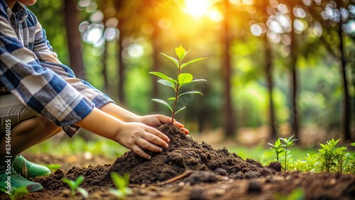 Slow motion image of child's hand planting a new tree in the forest, eco, environment, conservation, nature, growth, sustainability, reforestation, earth, save, planet, ecology, woods