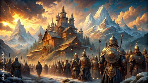 Valhalla Awaits Warriors' Eternal Home , Viking, afterlife, mythical, paradise, warriors, eternal, Norse, legend, heaven, warrior, celestial, mythical, peaceful, serene, ancient
