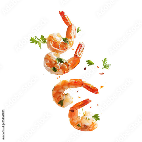 Shrimp with spices and parsley levitating in mid-air, dynamic seafood composition, isolated on white