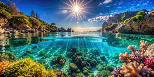 Beautiful marine landscape with clear blue water and vibrant sunlight shining down on the rocks and plant life below, marine, landscape, sunlight, rocks, plant life, ocean, sea, water, blue