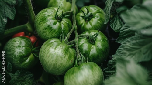  A cluster of green tomatoes dangling from a plant, adorned with verdant leaves and water beads A solitary red tomato sits amidst the greenery in
