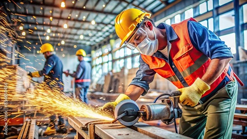 A stock photo of heavy machinery and power tools being used by a skilled construction worker, including an angle grinder throwing sparks, while wearing safety gear, construction