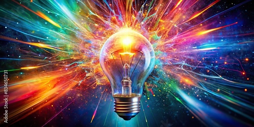Abstract exploding light bulb in vibrant colors , energy, creativity, innovation, explosion, bursting, abstract, vibrant, artistic, colors, electric, concept, inspiration, electricity