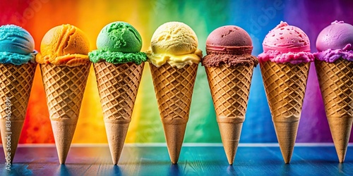 Panorama of various flavored ice cream cones against a colorful background , dessert, treats, frozen, delicious, sweet, cones, waffle, scoop, vanilla, chocolate, strawberry, mint, fruity