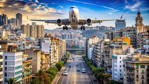 Airplane landing or taking off in the bustling city of Algiers, with skyscrapers and road signs in the background, Algiers, airplane, landing, take off, city, skyscraper, road sign