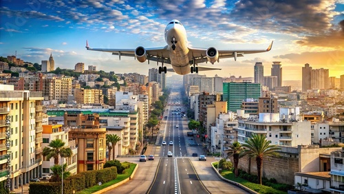 Airplane landing or taking off in the bustling city of Algiers, with skyscrapers and road signs in the background, Algiers, airplane, landing, take off, city, skyscraper, road sign