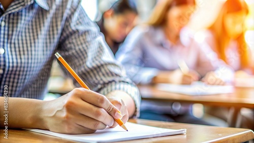 Close-up of student hand writing with pencil on paper, with blurred business and education background , hand, pencil, writing, paper, student, close-up, background, business, education