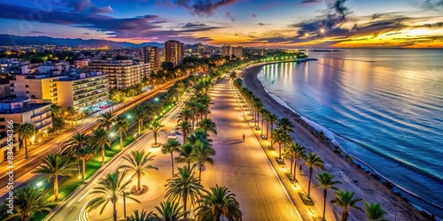 Aerial view of illuminated streets of Salou, Catalonia with beach, palm trees, and sea , Salou, Catalonia, Spain, aerial view, beach, coast, palm trees, tourism, travel destination