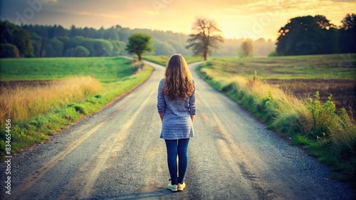 Lonely girl standing at a forked road with a decision to make, decision making, choices, crossroads, uncertainty, dilemma, direction, options, pathway, journey, contemplation, solitude