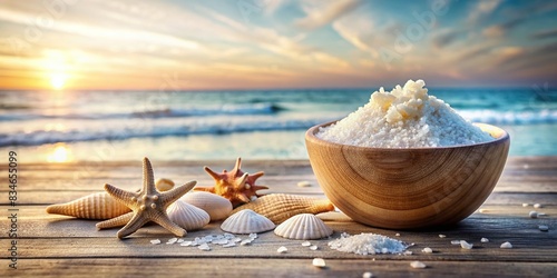 Serene coastal scene with sea salt in bowl on driftwood, surrounded by seashells, blurred ocean in background , beach, coast, tranquil, sea salt, driftwood, seashells, ocean, serene