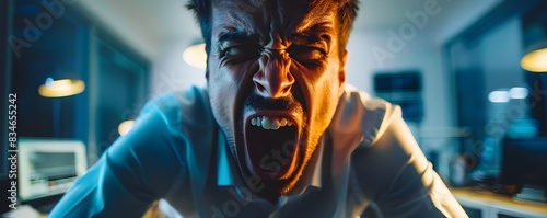 Furious office worker yells in intense dramatic close up with dynamic lighting