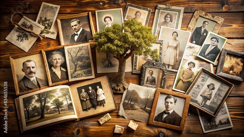Vintage family tree exploration with old photographs, documents, and heirlooms , ancestry, genealogy, heritage, nostalgia, roots, vintage, history, family, memories, past, ancestry, lineage