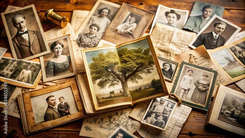 Vintage family tree exploration with old photographs, documents, and heirlooms , ancestry, genealogy, heritage, nostalgia, roots, vintage, history, family, memories, past, ancestry, lineage