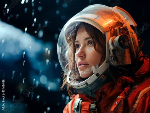 A woman in an astronaut suit gazes into the distance on a bokeh lights background, concept of space exploration. Generative AI