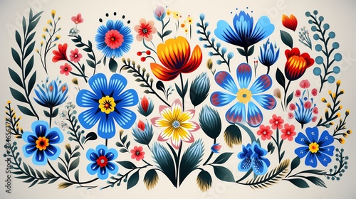 Colorful Kashubian floral embroidery, Polish folk art style, intricate and traditional, flat vector illustration