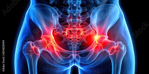 Close-up image of a human pelvis with hip arthritis showing blue bone shot and red inflammation, hip pain, pelvis, gout, rheumatoid arthritis, medical, bones, joints, inflammation